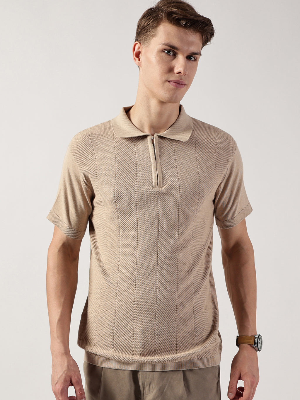 Thomas Scott Men Self Design Polo Collar Cotton T-shirt