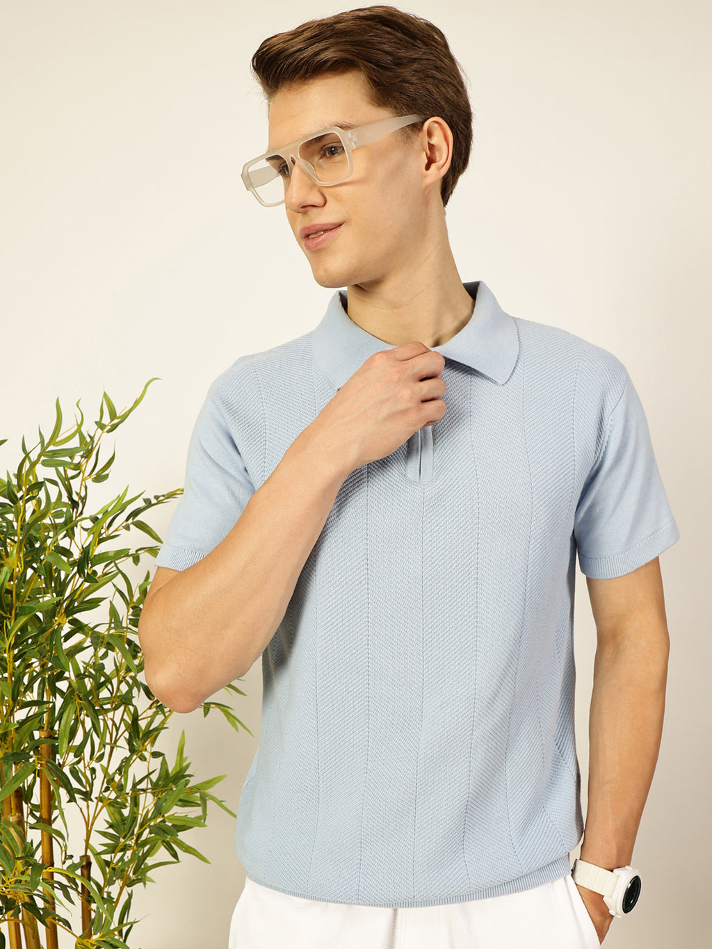 Thomas Scott Men Bio Finish Self Design Polo Collar Cotton T-shirt