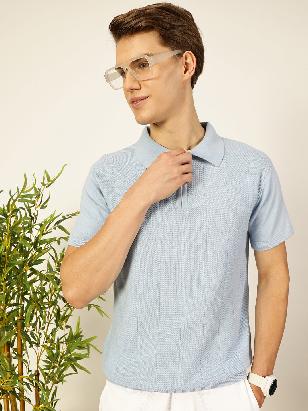 Thomas Scott Men Bio Finish Self Design Polo Collar Cotton T-shirt