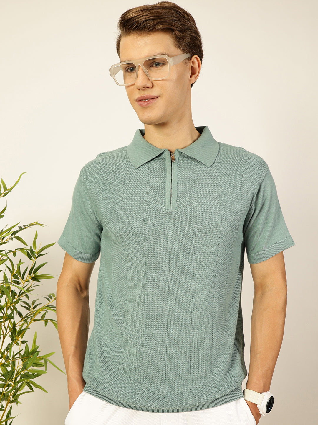 Thomas Scott Men Bio Finish Self Design Polo Collar Cotton T-shirt