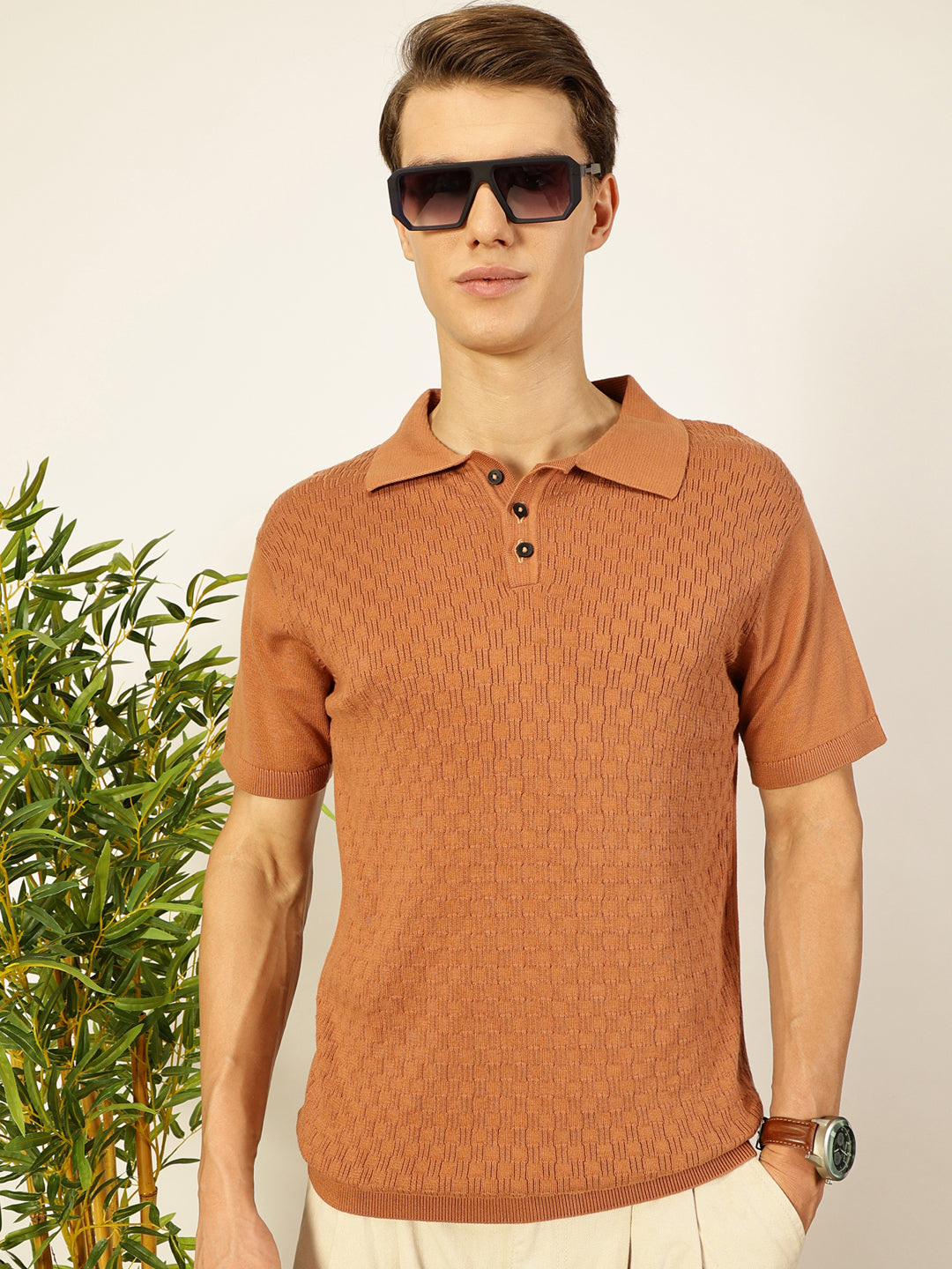 Thomas Scott Men Bio Finish Self Design Polo Collar Cotton T-shirt