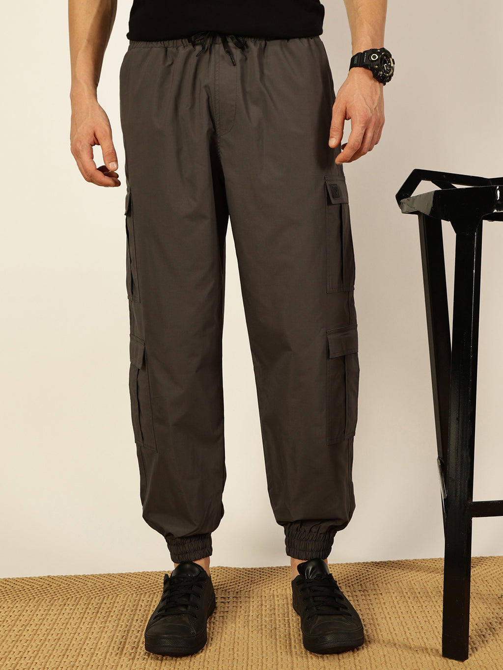 Thomas Scott Men Casual Loose Fit Mid-Rise Cotton Wrinkle Free Solid Joggers Trousers