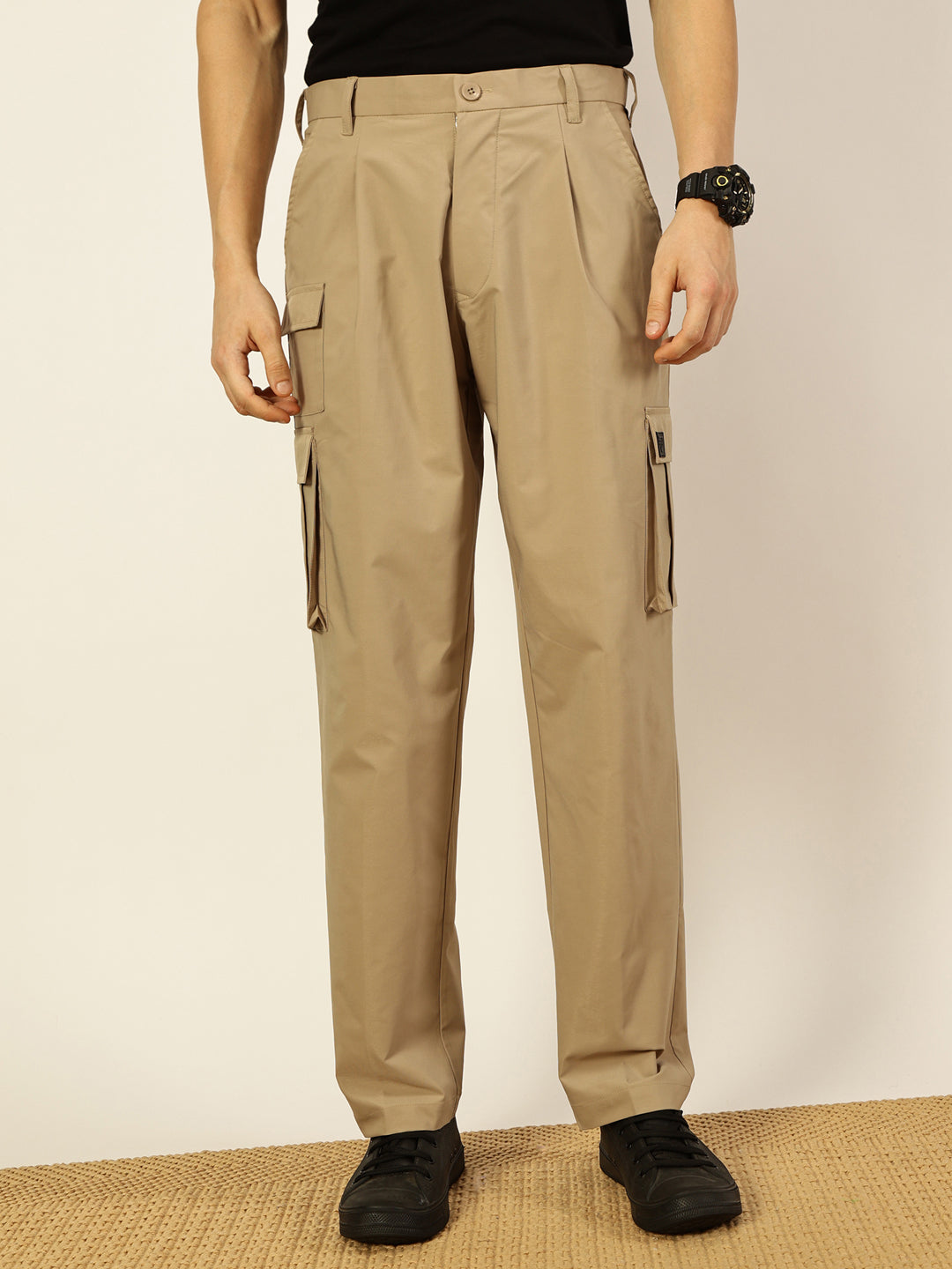 Thomas Scott Men Smart Loose Fit Mid-Rise Easy Wash Pleated Cargos Trousers