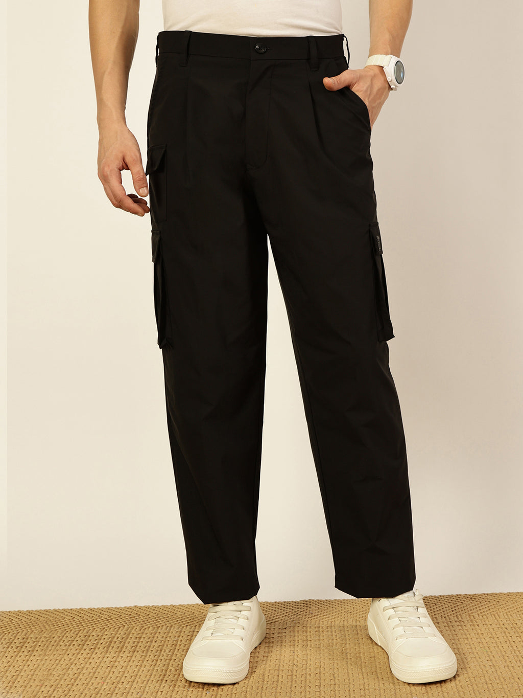 Thomas Scott Men Smart Loose Fit Mid-Rise Easy Wash Pleated Cargos Trousers