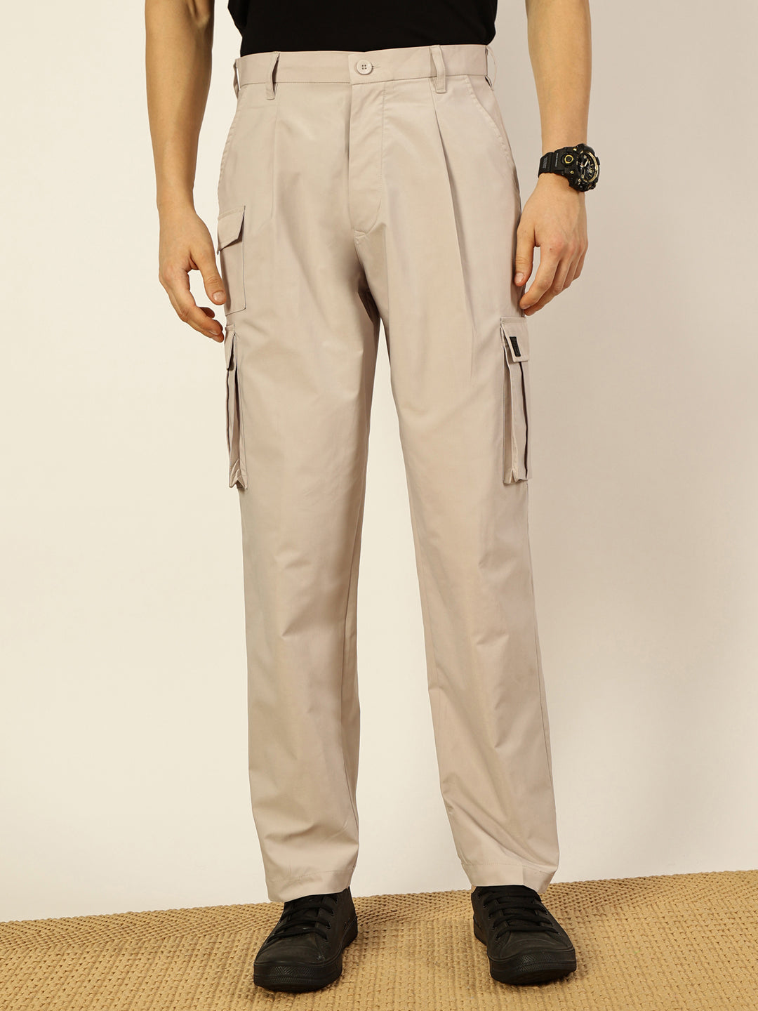 Thomas Scott Men Smart Loose Fit Easy Wash Pleated Cargos Trousers