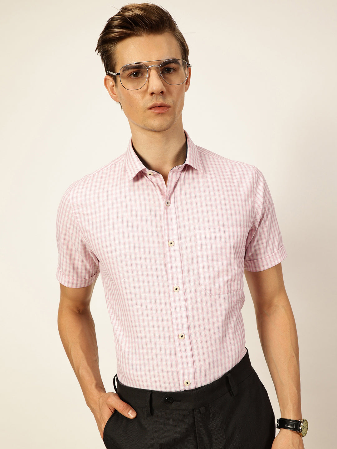 Thomas Scott Men Smart Gingham Checks Opaque Checked Formal Shirt