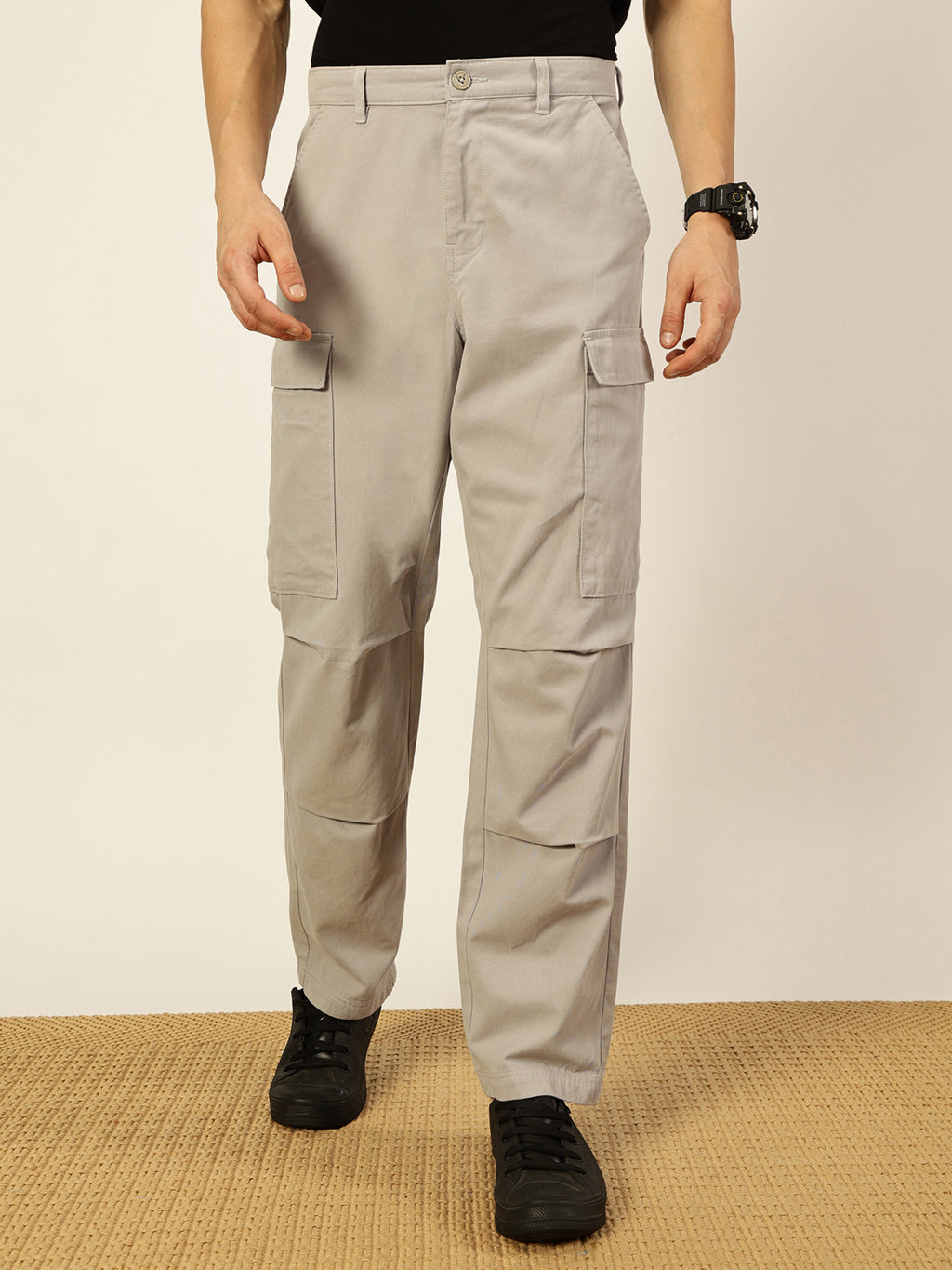 Thomas Scott Men Pure Cotton Classic Straight Fit Easy Wash Cargos Trousers