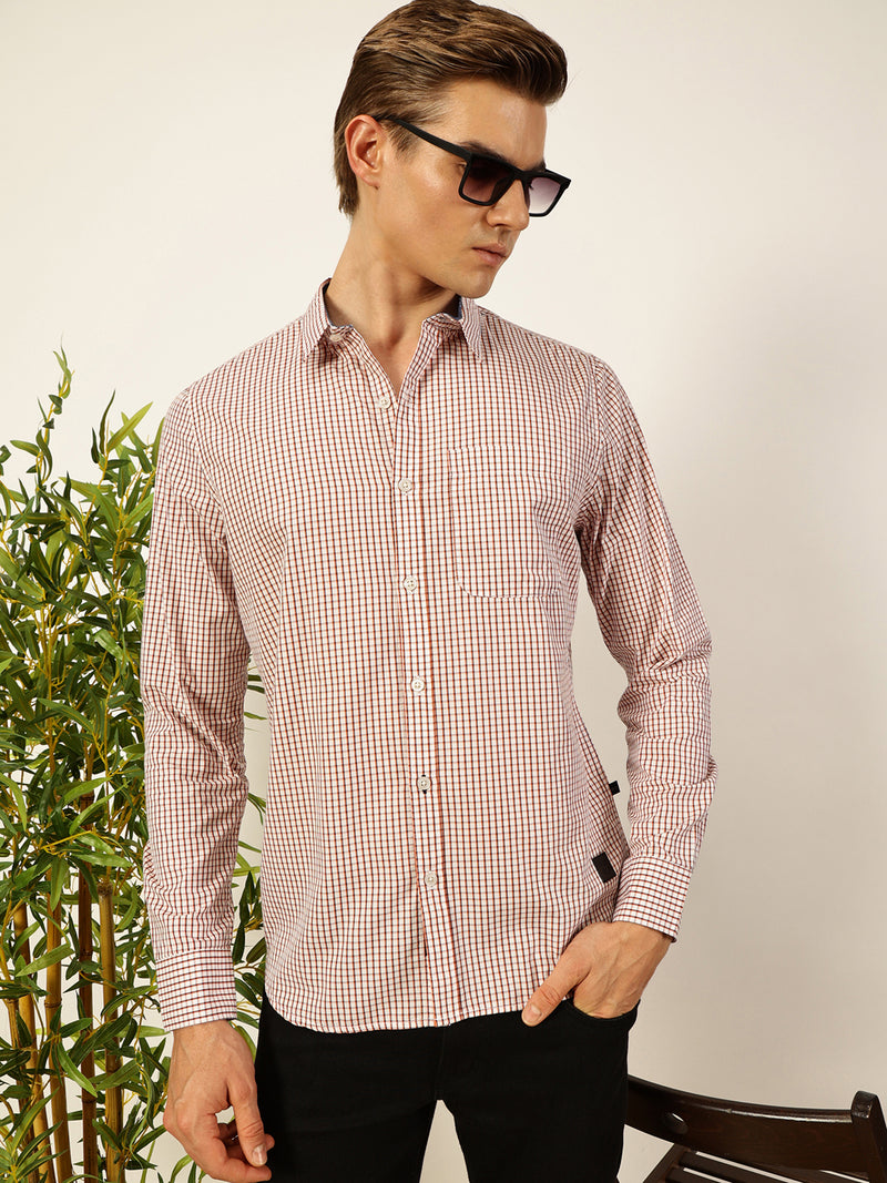 Thomas Scott Men Smart Spread Collar Micro Checked Cotton Slim Fit Casual Shirt