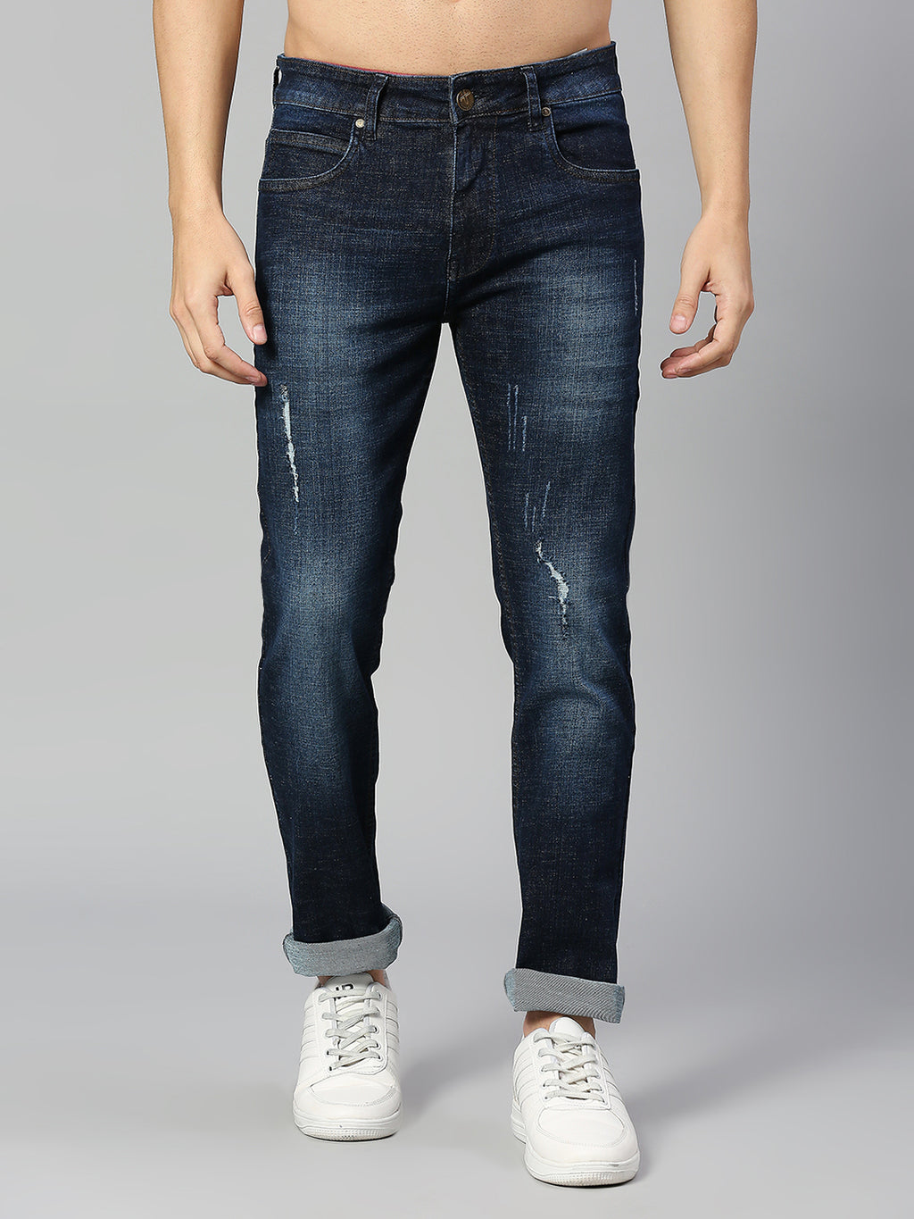 Dark Blue  Navy Blue Smart Slim Fit Low Distress Heavy Fade Stretchable Jeans
