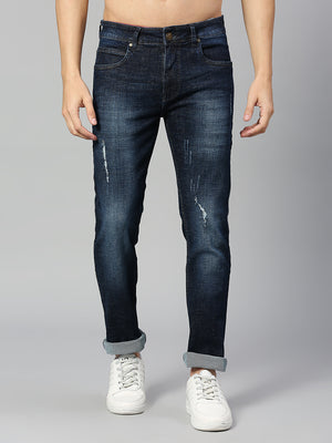 Dark Blue  Navy Blue Smart Slim Fit Low Distress Heavy Fade Stretchable Jeans