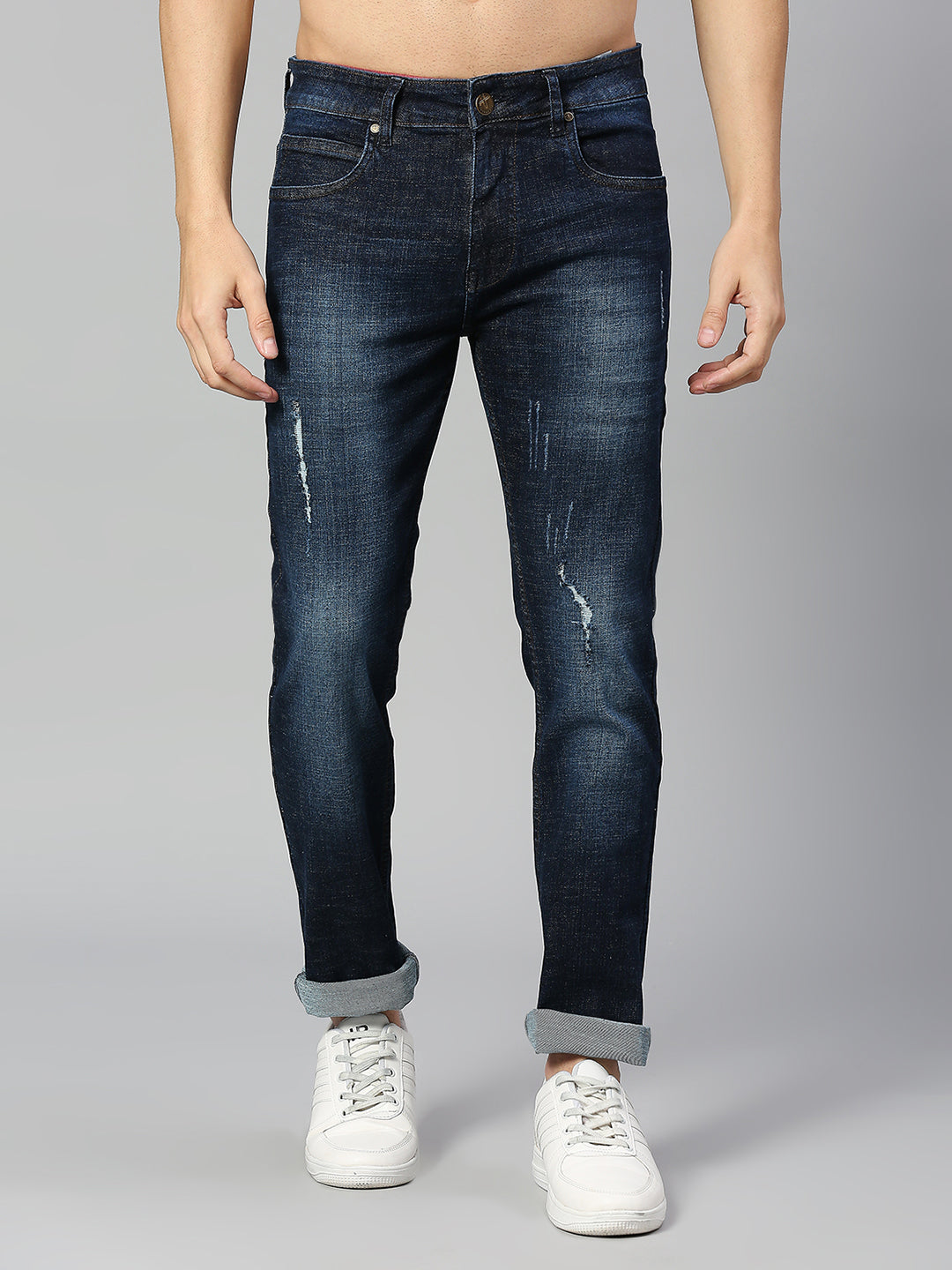 Dark Blue  Navy Blue Smart Slim Fit Low Distress Heavy Fade Stretchable Jeans