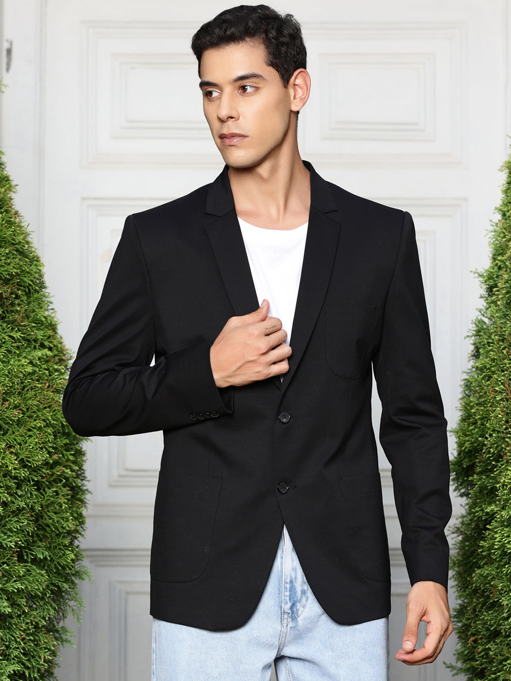 Thomas Scott Men Black Slim Fit Notched Lapel Collar Single-Breasted Blazer