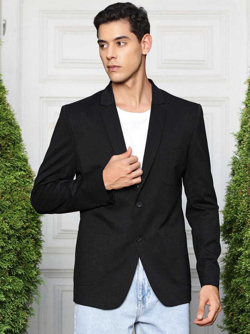 Thomas Scott Men Black Slim Fit Notched Lapel Collar Single-Breasted Blazer