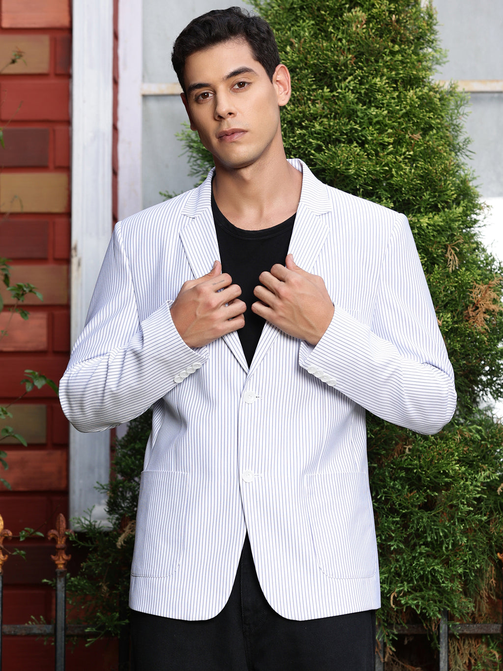Thomas Scott Men White2 Slim Fit Striped Notched Lapel Collar Single-Breasted Blazer