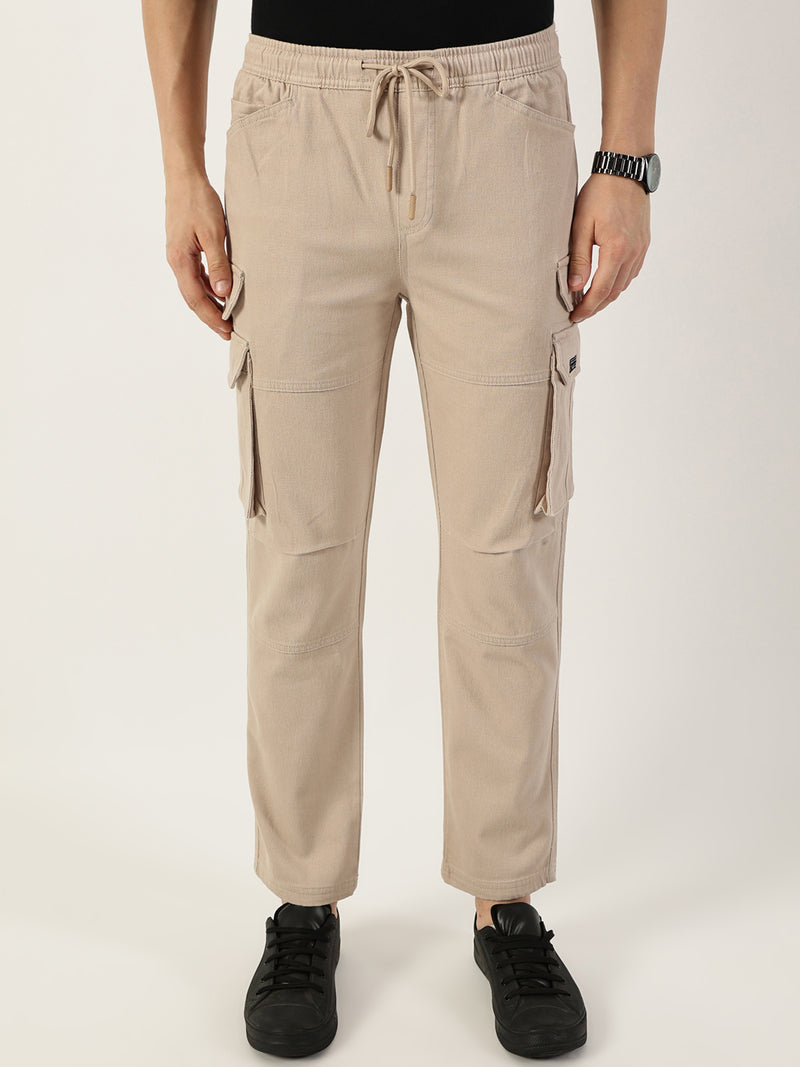 Thomas Scott Men Cream Relaxed Straight Fit Cargos Trousers