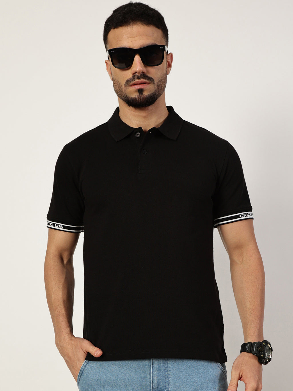 Thomas Scott Men Black Polo Collar Pockets T-shirt