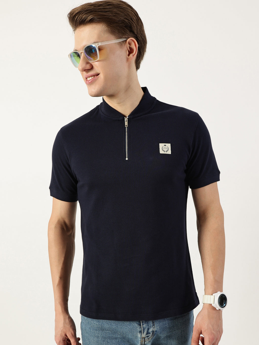 Thomas Scott Men Navy Mandarin Collar T-shirt