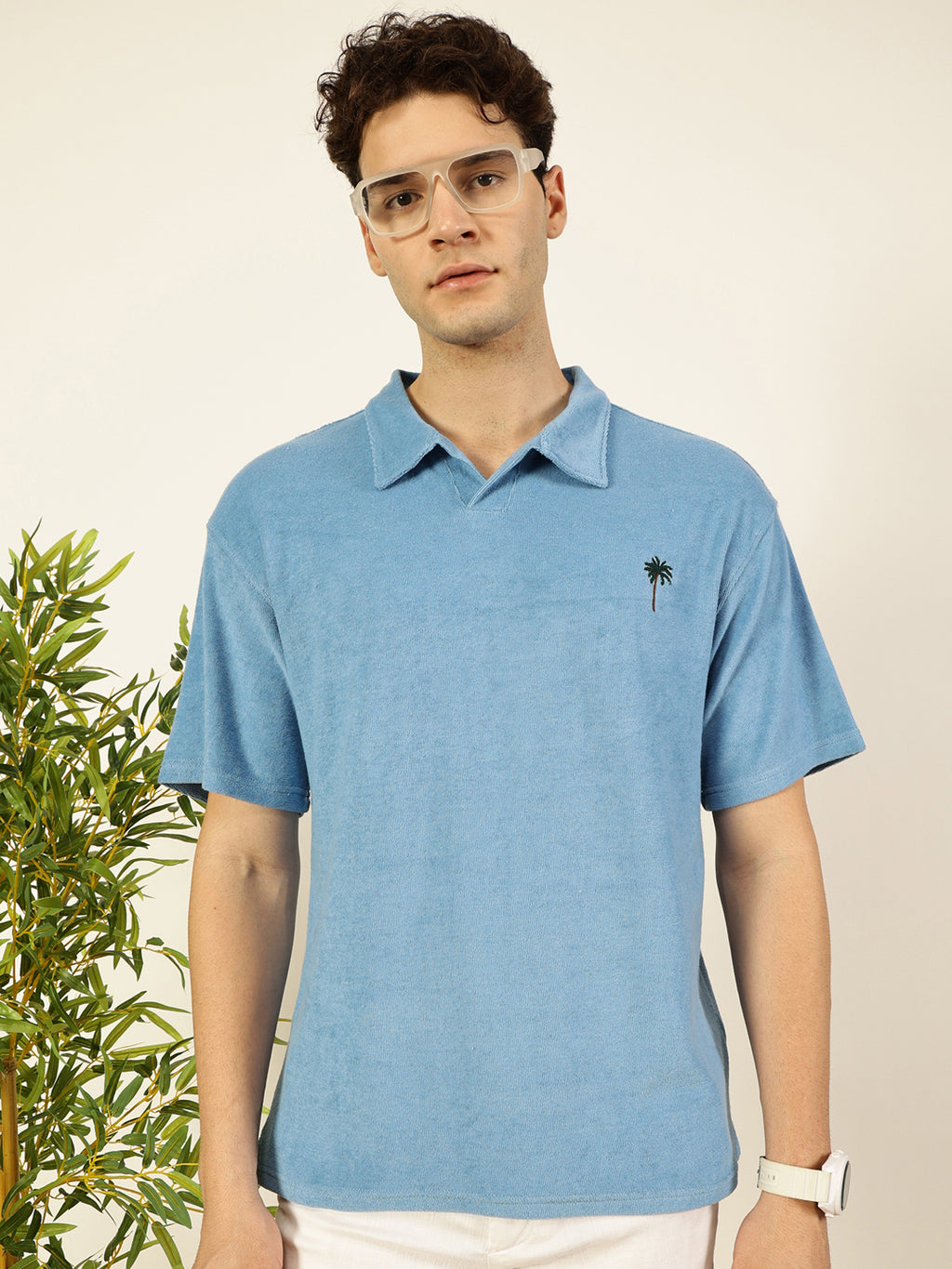 Thomas Scott Men Blue Solid Polo Collar Cotton Relaxed Fit T-Shirt