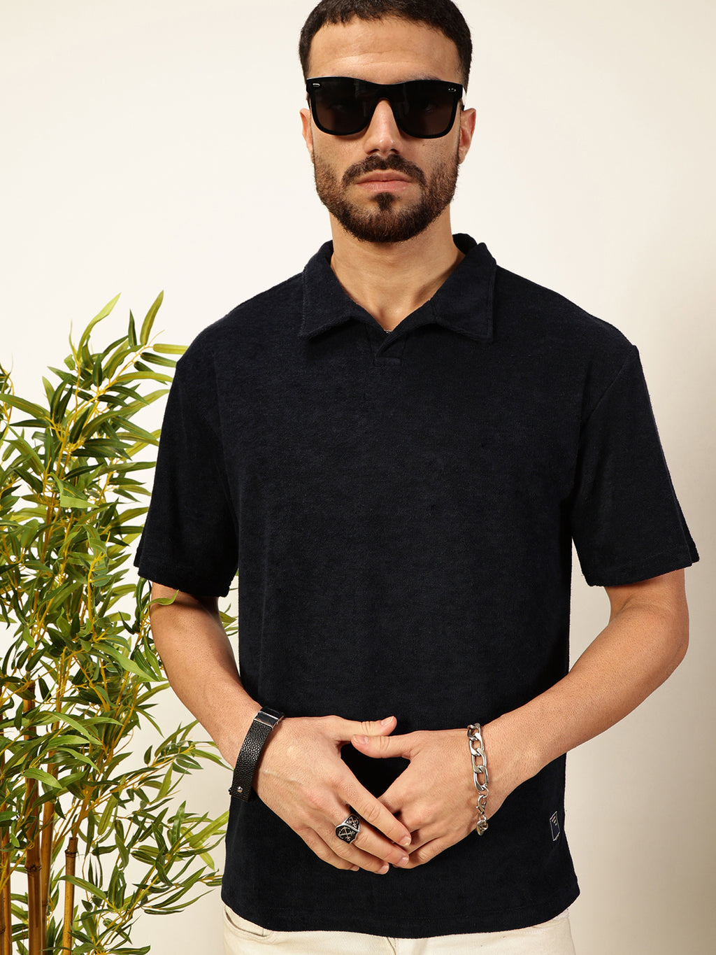Thomas Scott Men Navy Blue Solid Polo Collar Cotton Relaxed Fit T-shirt