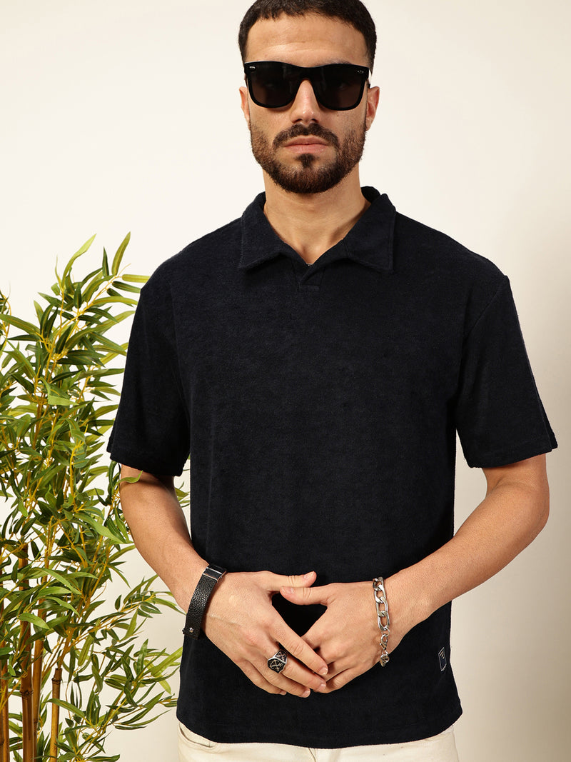 Thomas Scott Men Navy Blue Solid Polo Collar Cotton Relaxed Fit T-shirt