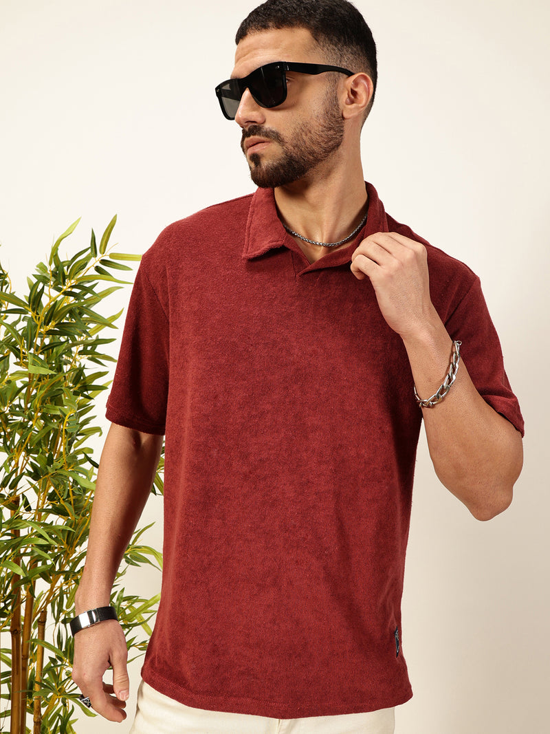 Thomas Scott Men Red Solid Polo Collar Cotton Relaxed Fit T-shirt