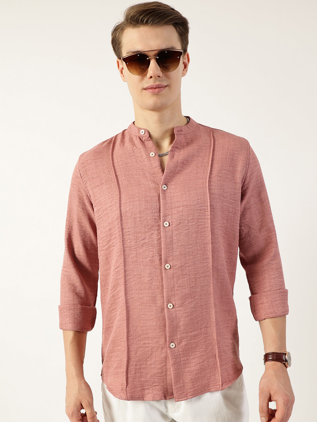 Thomas Scott Men Peach Premium Mandarin Collar Textured Solid Slim Fit Casual Shirt