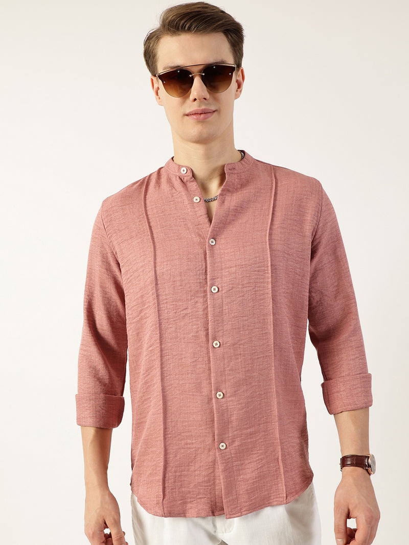 Thomas Scott Men Peach Premium Mandarin Collar Textured Solid Slim Fit Casual Shirt