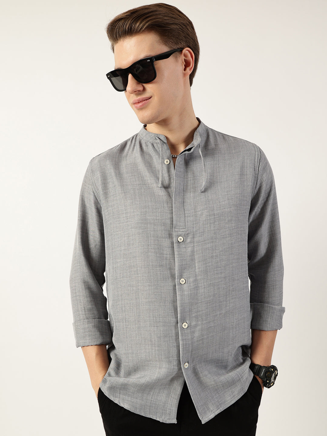 Thomas Scott Men Grey Classic Mandarin Collar Solid Slim Fit Casual Shirt