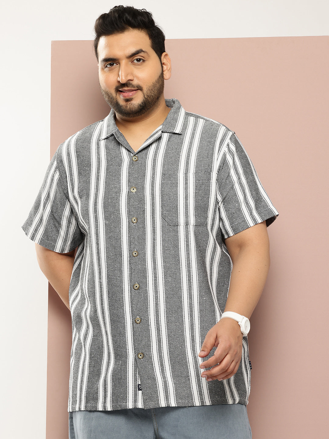 Thomas Scott Men Black Plus Size Premium Striped Pure Cotton Casual Shirt