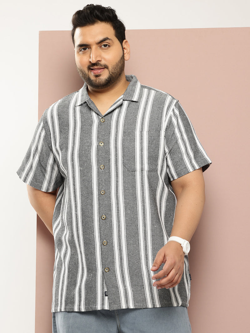 Thomas Scott Men Black Plus Size Premium Striped Pure Cotton Casual Shirt
