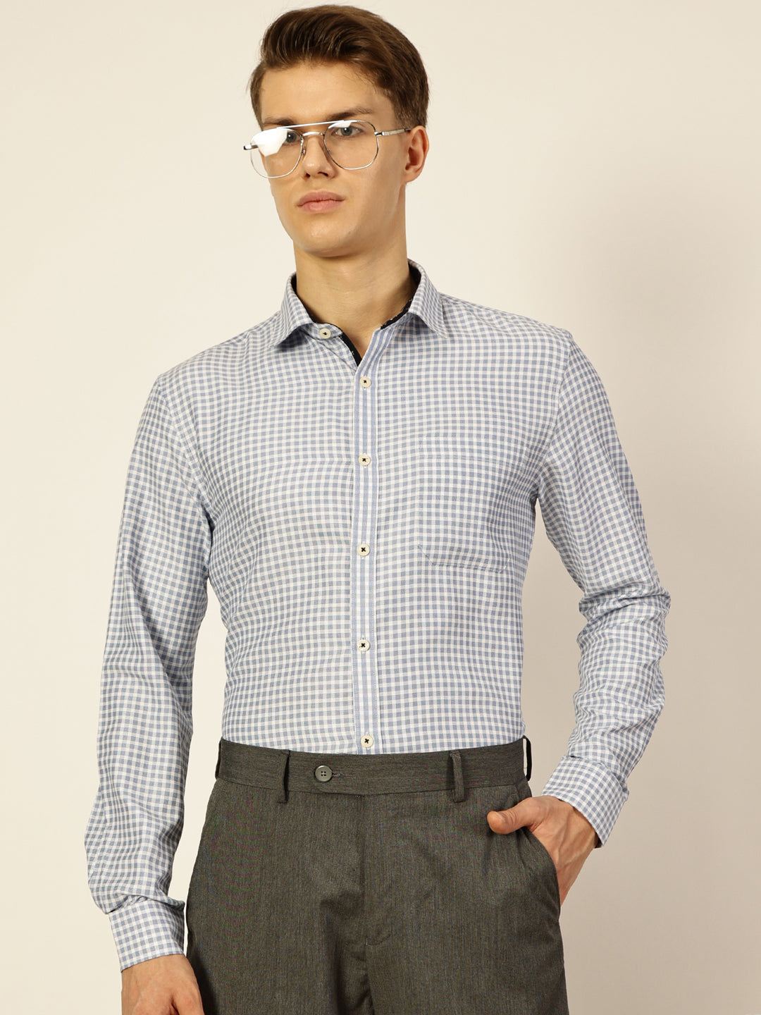 Thomas Scott Men Blue Premium Slim Fit Micro Checks Opaque Checked Formal Shirt