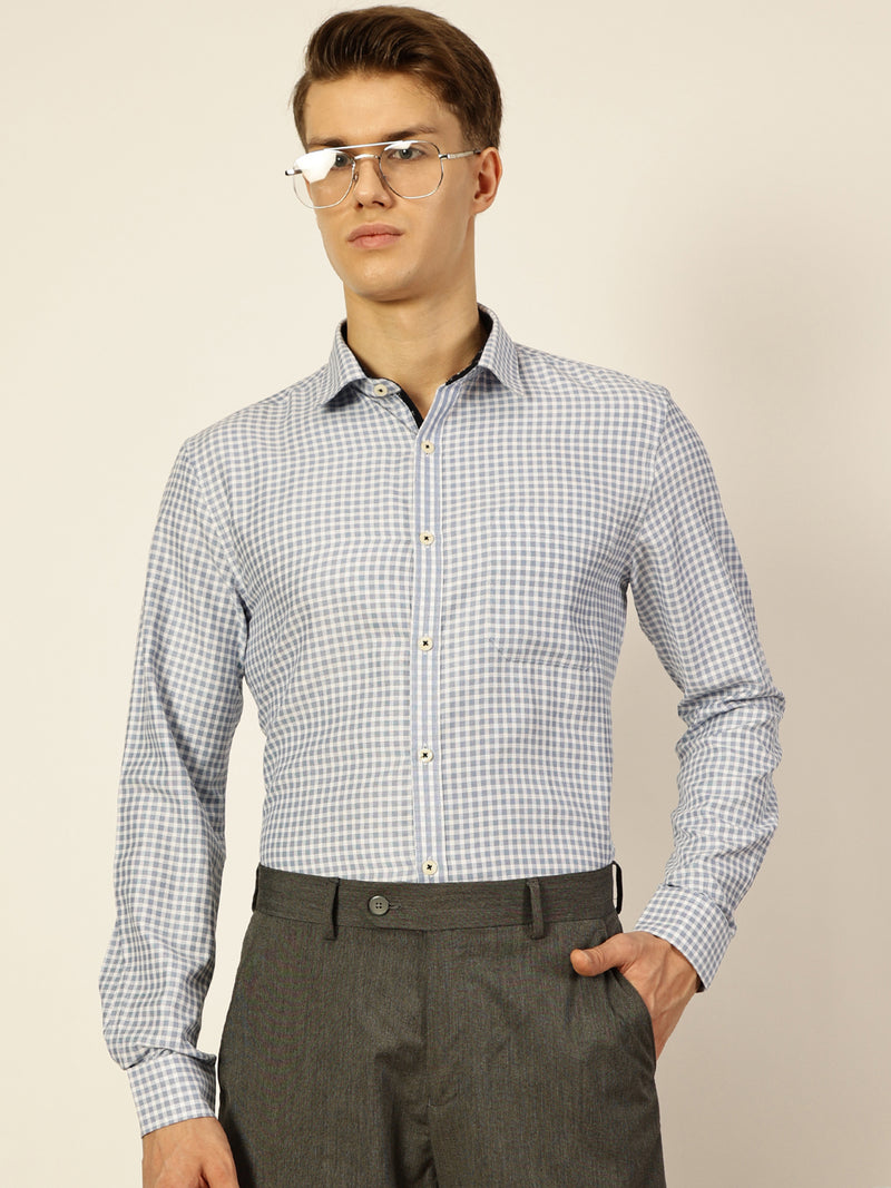 Thomas Scott Men Blue Premium Slim Fit Micro Checks Opaque Checked Formal Shirt