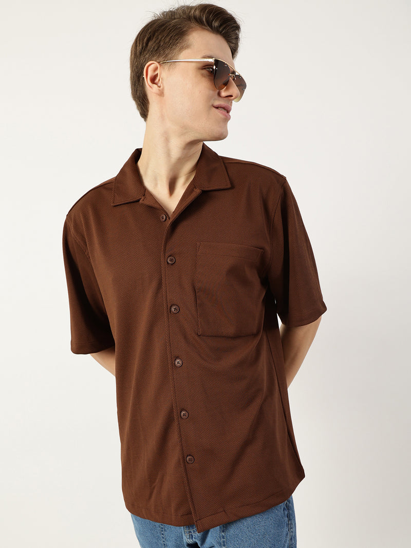 Thomas Scott Men Dark Brown Premium Cuban Collar Textured Cotton Oversized Casual Shirt