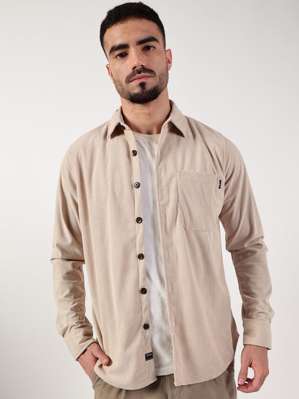 Thomas Scott Men Beige Premium Spread Collar Textured Relaxed Fit Casual Shirt