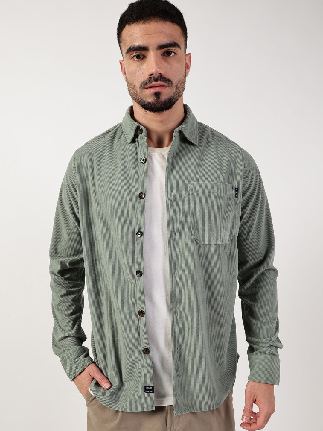 Thomas Scott Men Green Premium Spread Collar Textured Relaxed Fit Casual Shirt