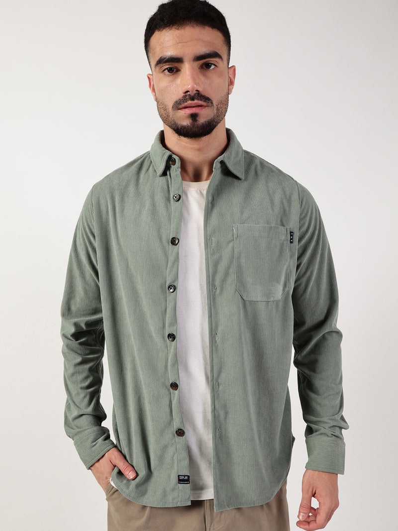 Thomas Scott Men Green Premium Spread Collar Textured Relaxed Fit Casual Shirt