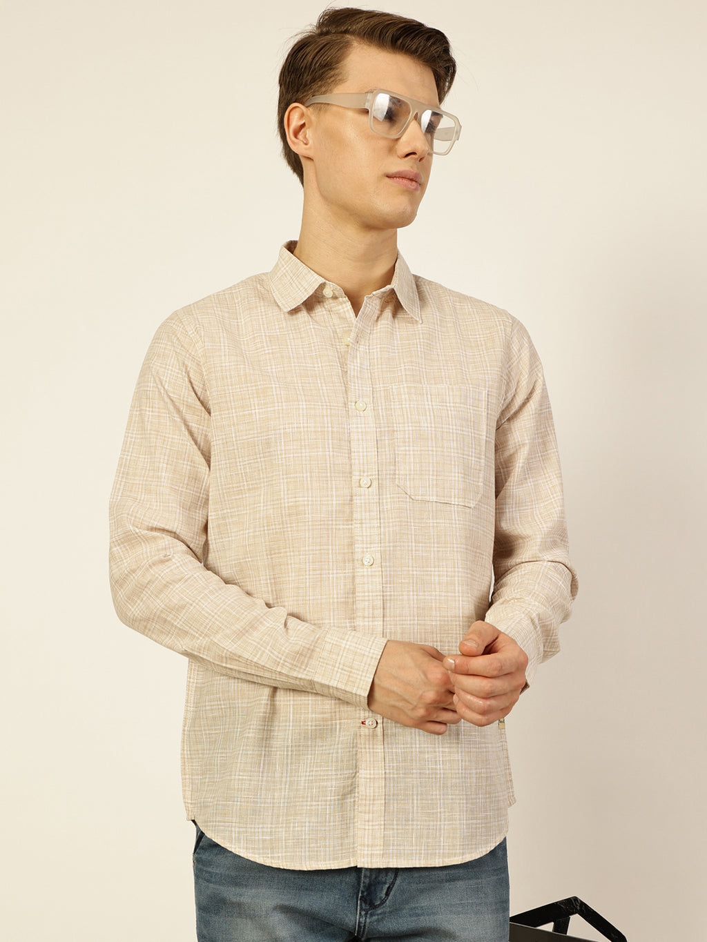 Thomas Scott Men Light Beige Thomas Scott Premium Spread Collar Linen Slim Fit Casual Shirt