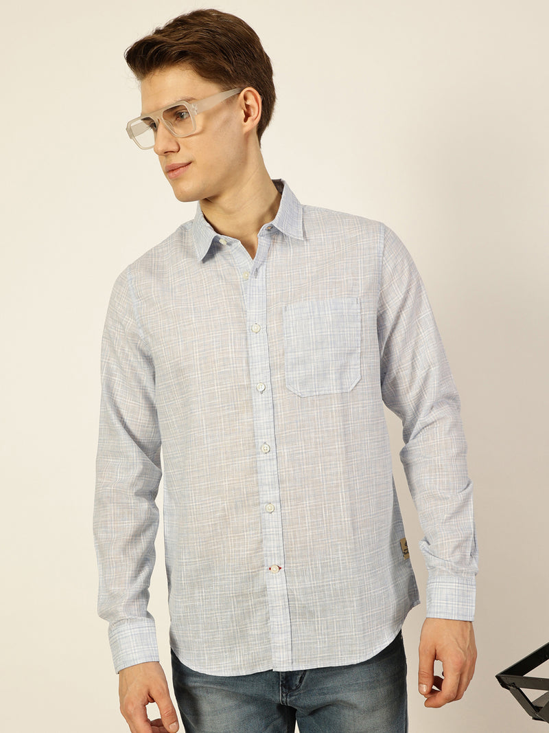Thomas Scott Men Sky Blue Checked Linen Slim Fit Casual Shirt