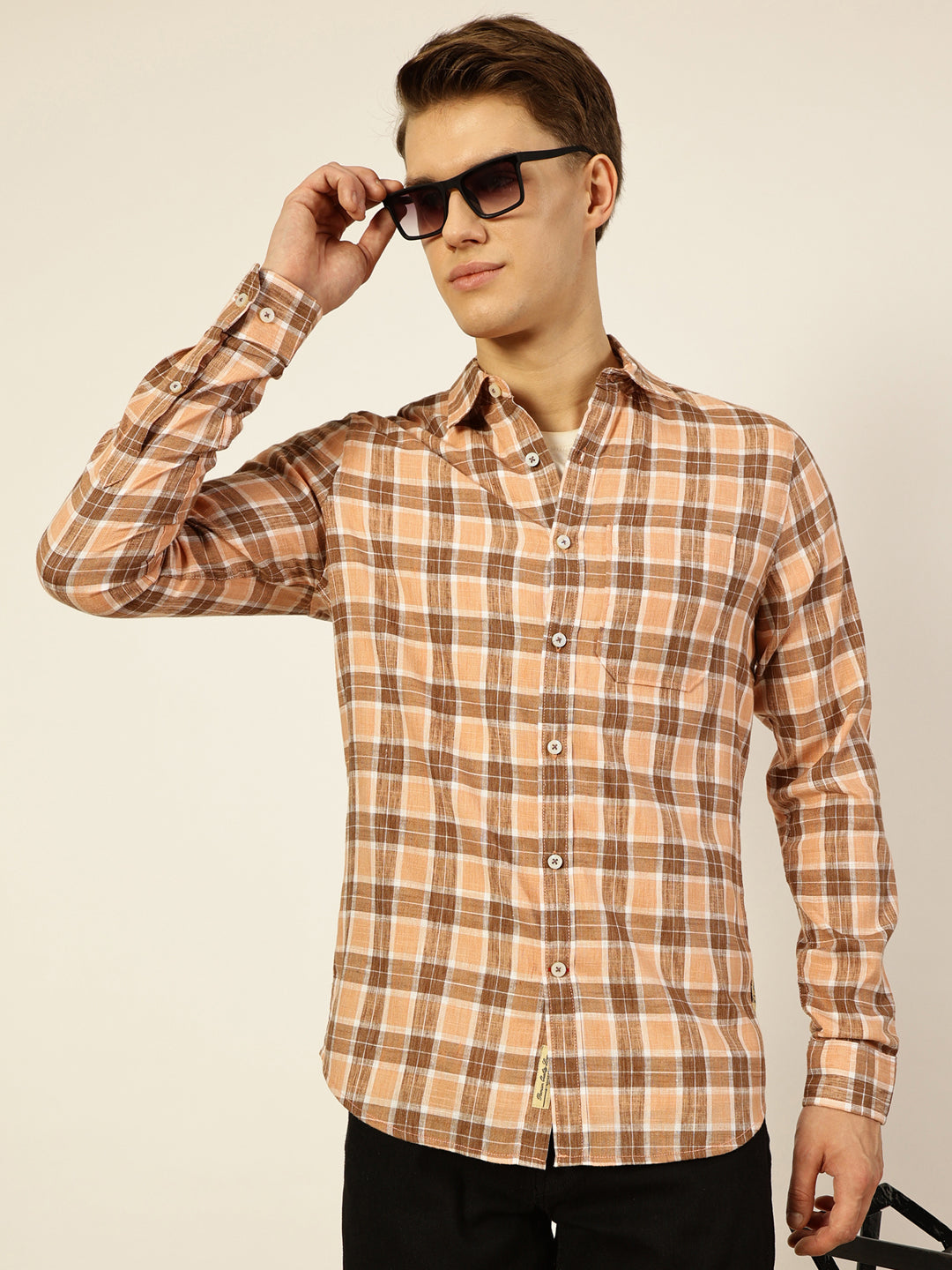 Thomas Scott Men Peach Premium Spread Collar Checked Linen Slim Fit Casual Shirt