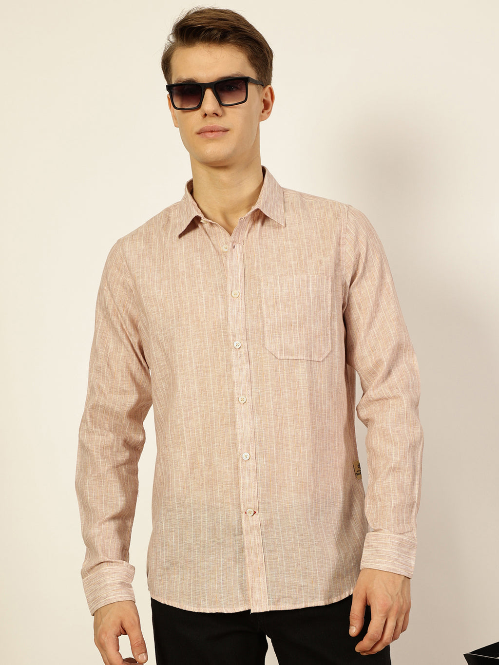 Thomas Scott Men Fawn Premium Spread Collar Solid Linen Slim Fit Casual Shirt