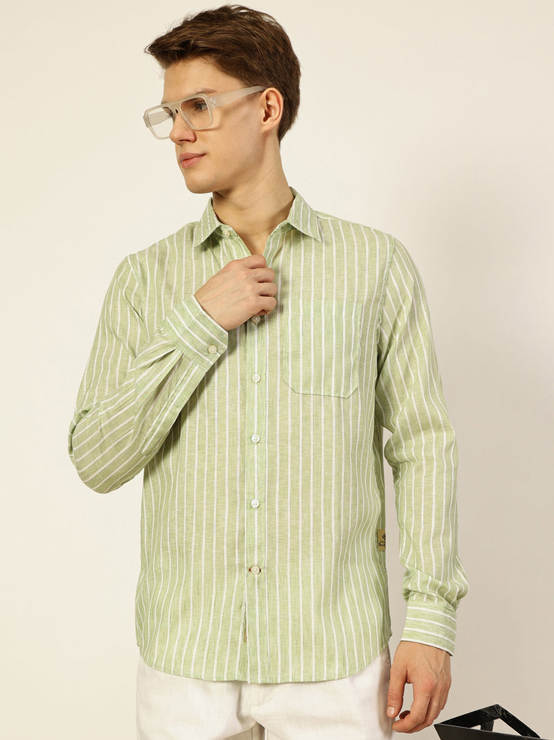 Thomas Scott Men Green Premium Vertical Striped Linen Slim Fit Casual Shirt