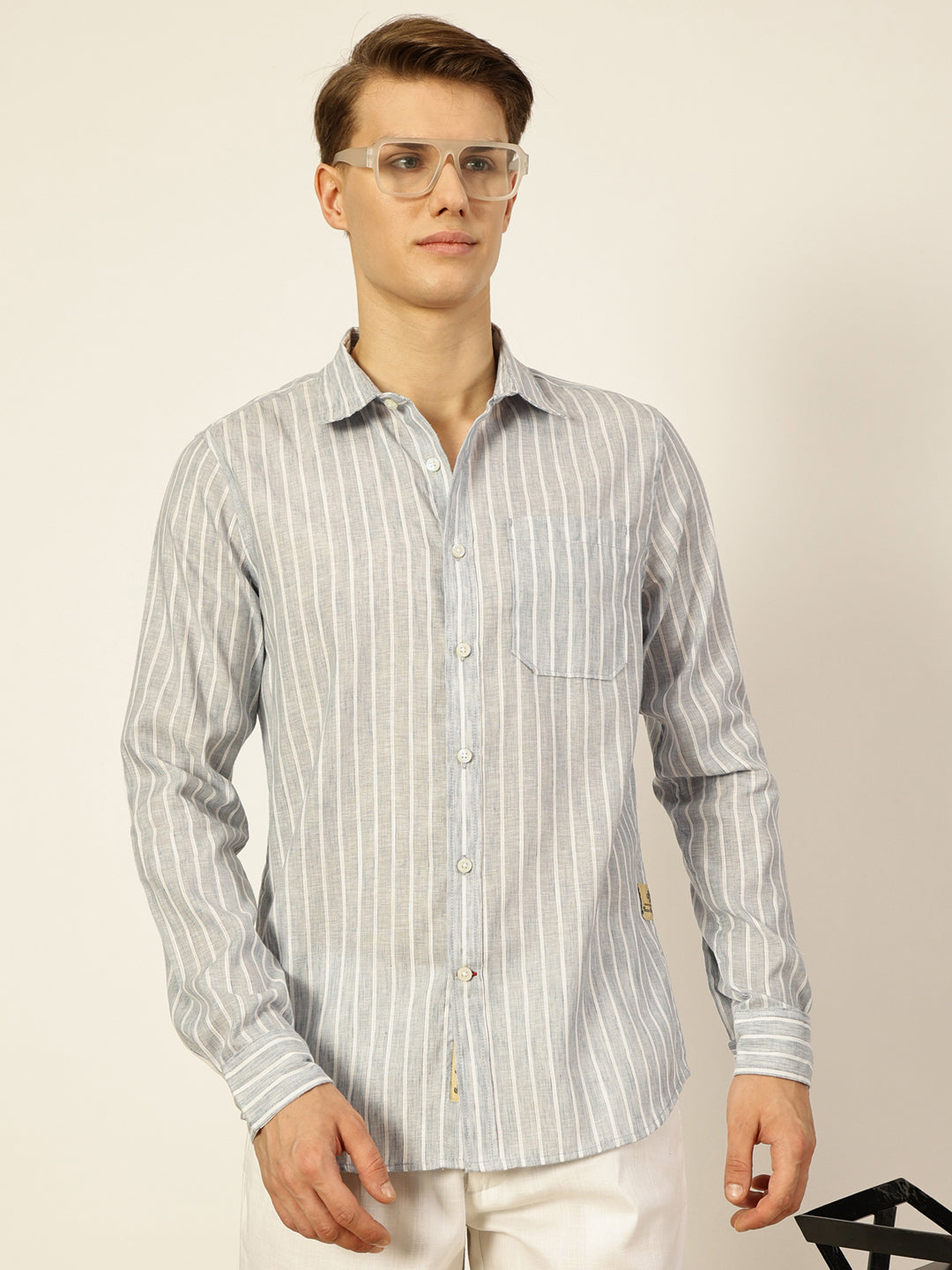 Thomas Scott Men Grey Striped Slim Fit Casual Shirt
