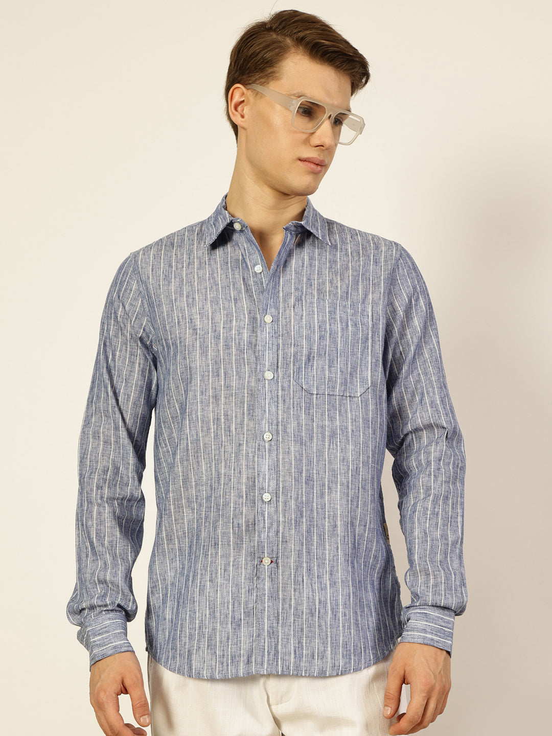 Thomas Scott Men Blue Premium Spread Collar Vertical Striped Linen Slim Fit Casual Shirt
