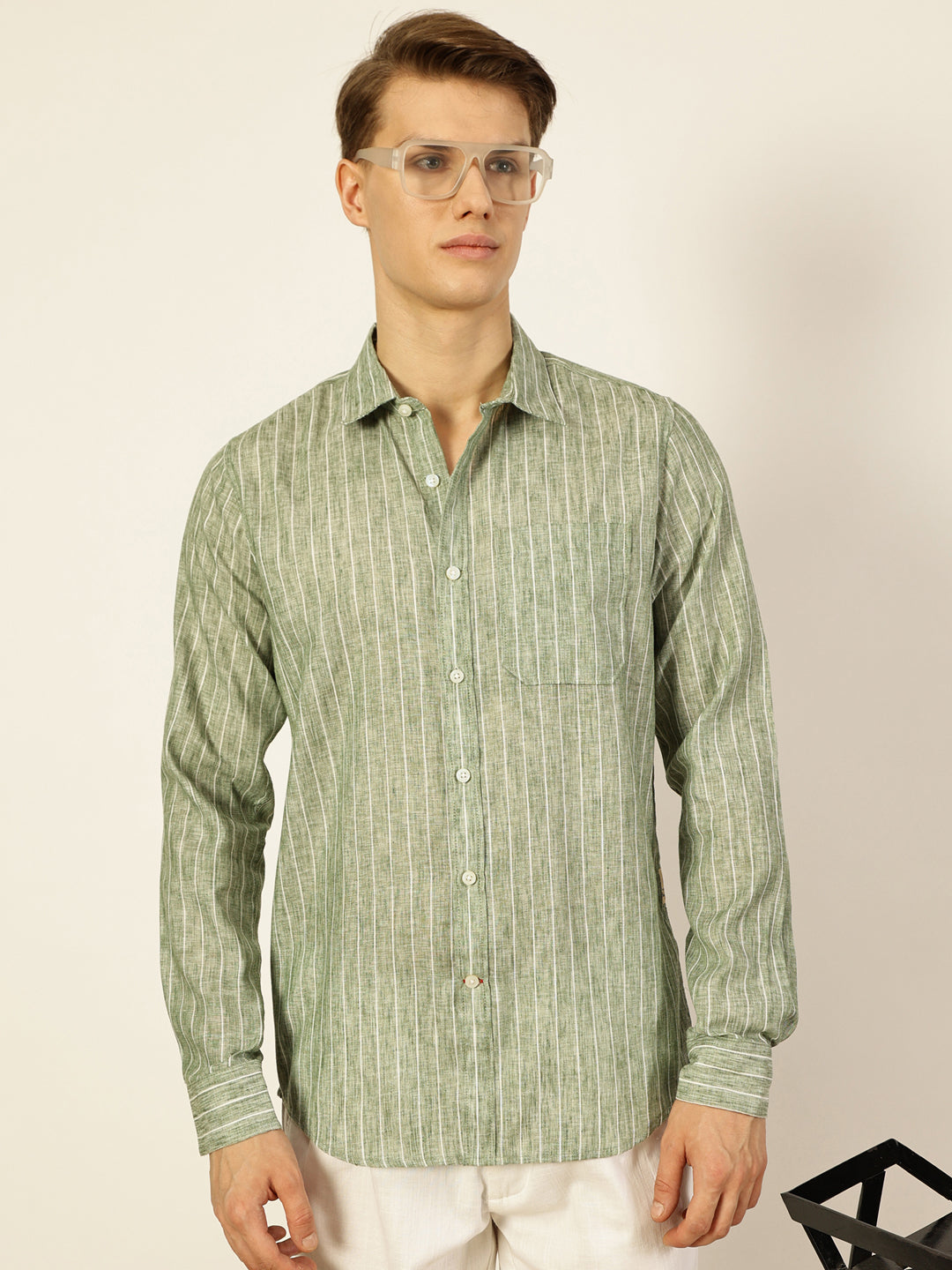 Thomas Scott Men Dark Green Premium Vertical Striped Linen Slim Fit Casual Shirt
