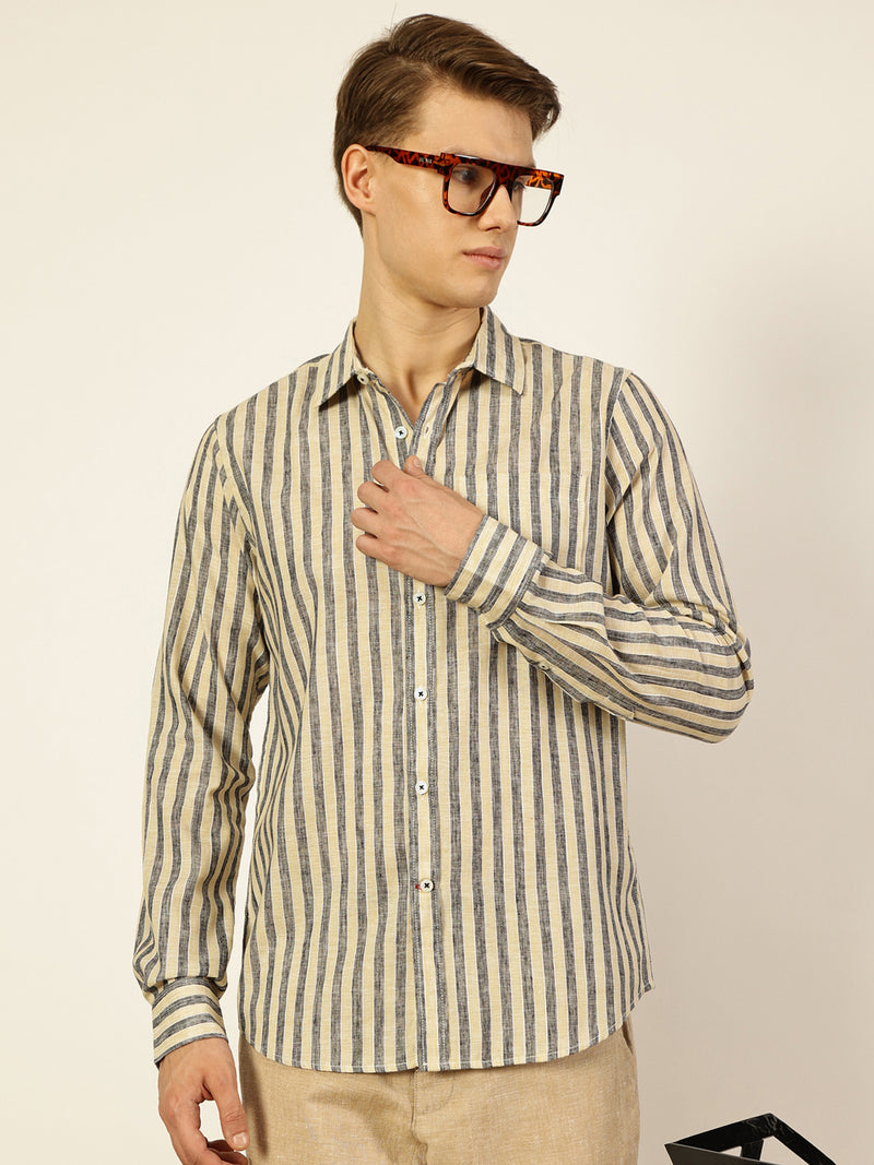 Thomas Scott Men Black Premium Vertical Striped Linen Slim Fit Casual Shirt