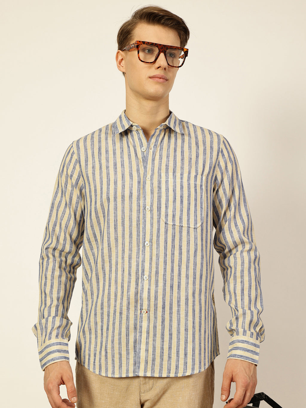 Thomas Scott Men Royal Blue Premium Spread Collar Vertical Striped Linen Slim Fit Casual Shirt