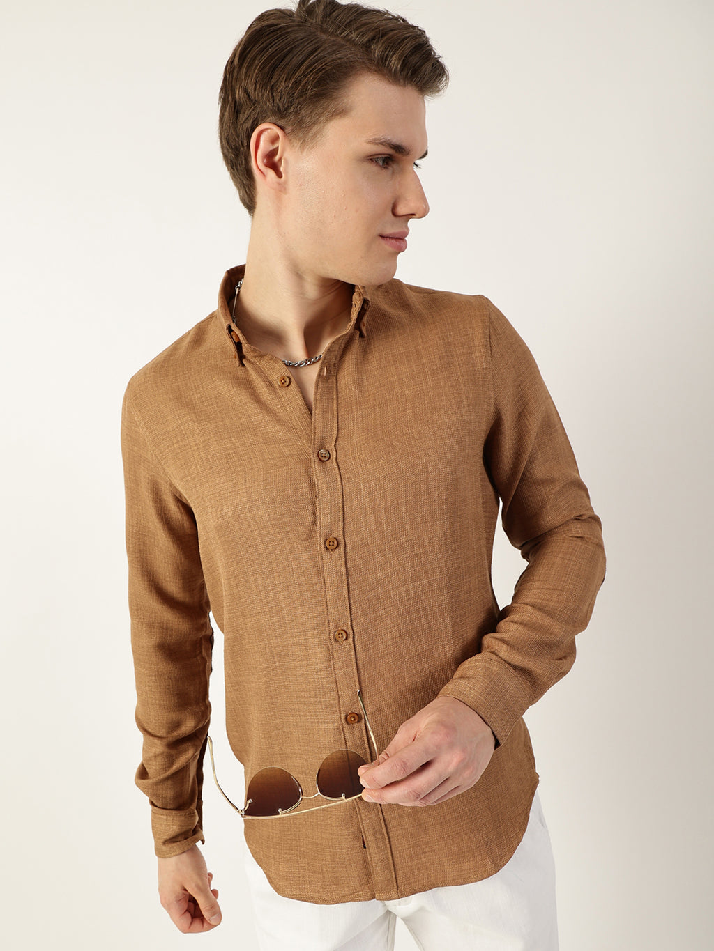 Thomas Scott Men Beige Classic Button-Down Collar Solid Slim Fit Casual Shirt