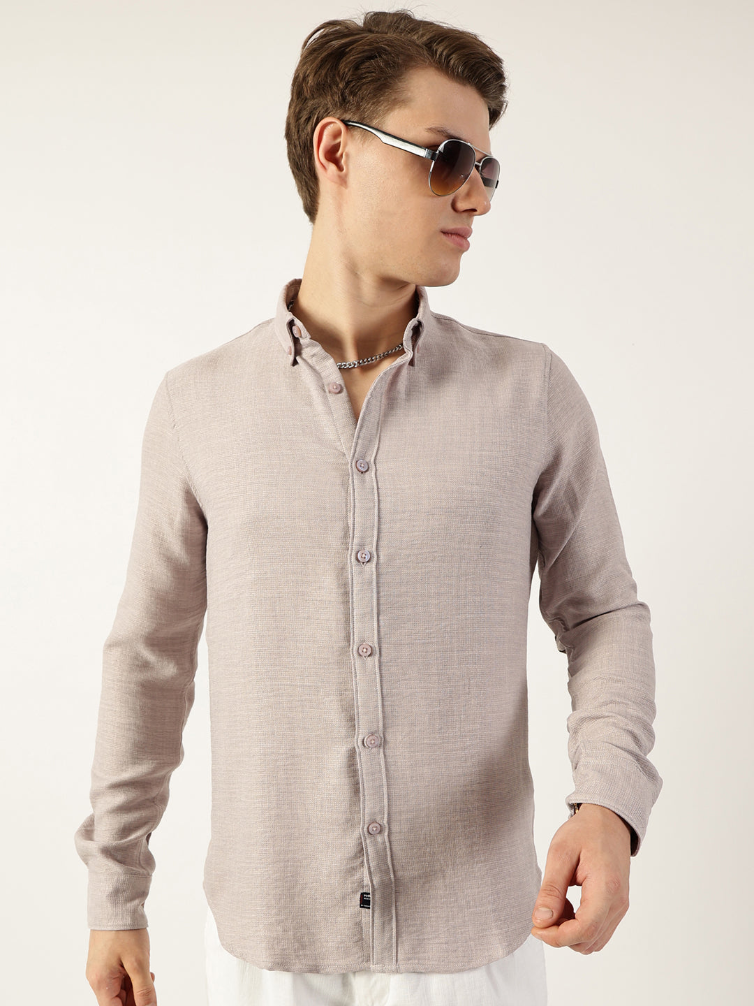 Thomas Scott Men Light Grey Classic Button-Down Collar Solid Slim Fit Casual Shirt