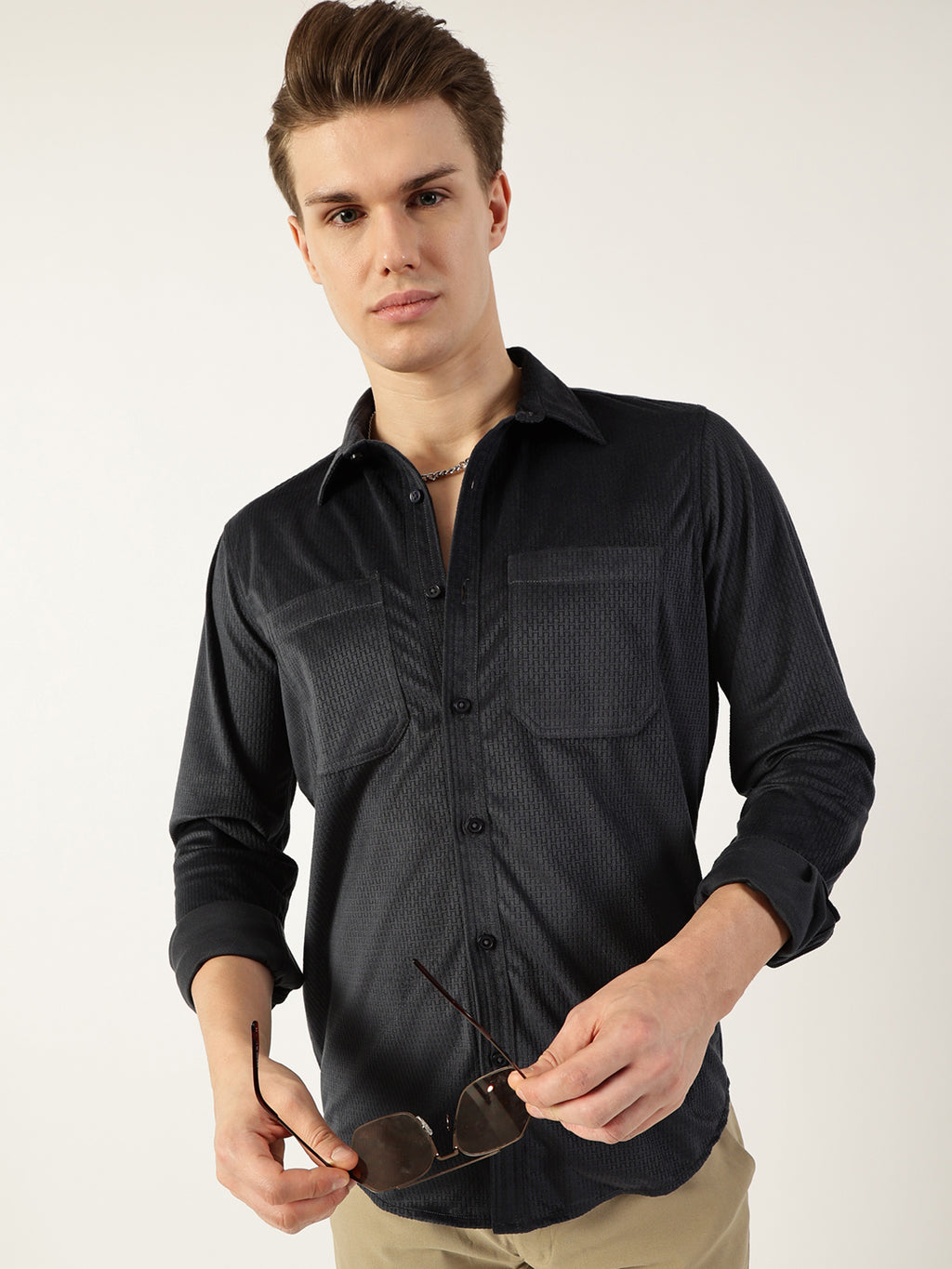 Thomas Scott Men Dark Grey Classic Spread Collar Textured Slim Fit Casual Shirt