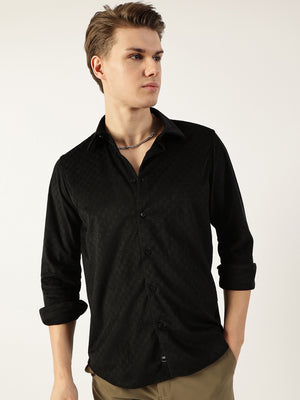 Thomas Scott Men Black Classic Spread Collar Textured Solid Slim Fit Casual Shirt